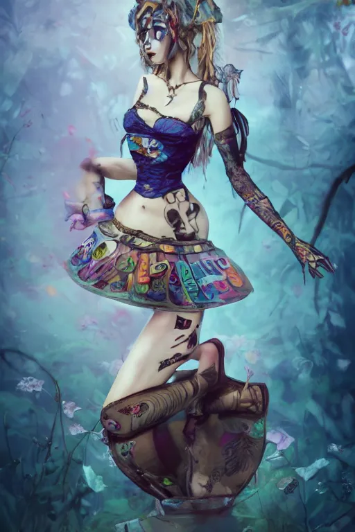 Image similar to Beautiful female, full body, Alice in wonderland, punk rock, piercings, tattoos, skirt, midriff, dramatic lighting, cinematic, establishing shot, extremely high detail, foto realistic, cinematic lighting, post processed, concept art, high details, cinematic, 8k resolution, beautiful detailed, photorealistic, digital painting, artstation, concept art, smooth, sharp focus, artstation trending, octane render, unreal engine