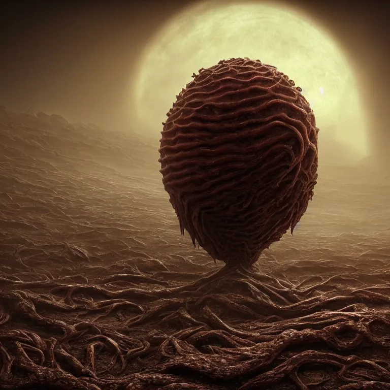 Prompt: ribbed surreal abandoned alien spaceship on exoplanet, covered in organic flesh meat in a desolate empty wasteland, creepy, nightmare, dream-like heavy atmosphere, surreal abandoned buildings, beautiful detailed intricate insanely detailed octane render trending on Artstation, 8K artistic photography, photorealistic, chiaroscuro, Raphael, Caravaggio, Beksinski, Giger