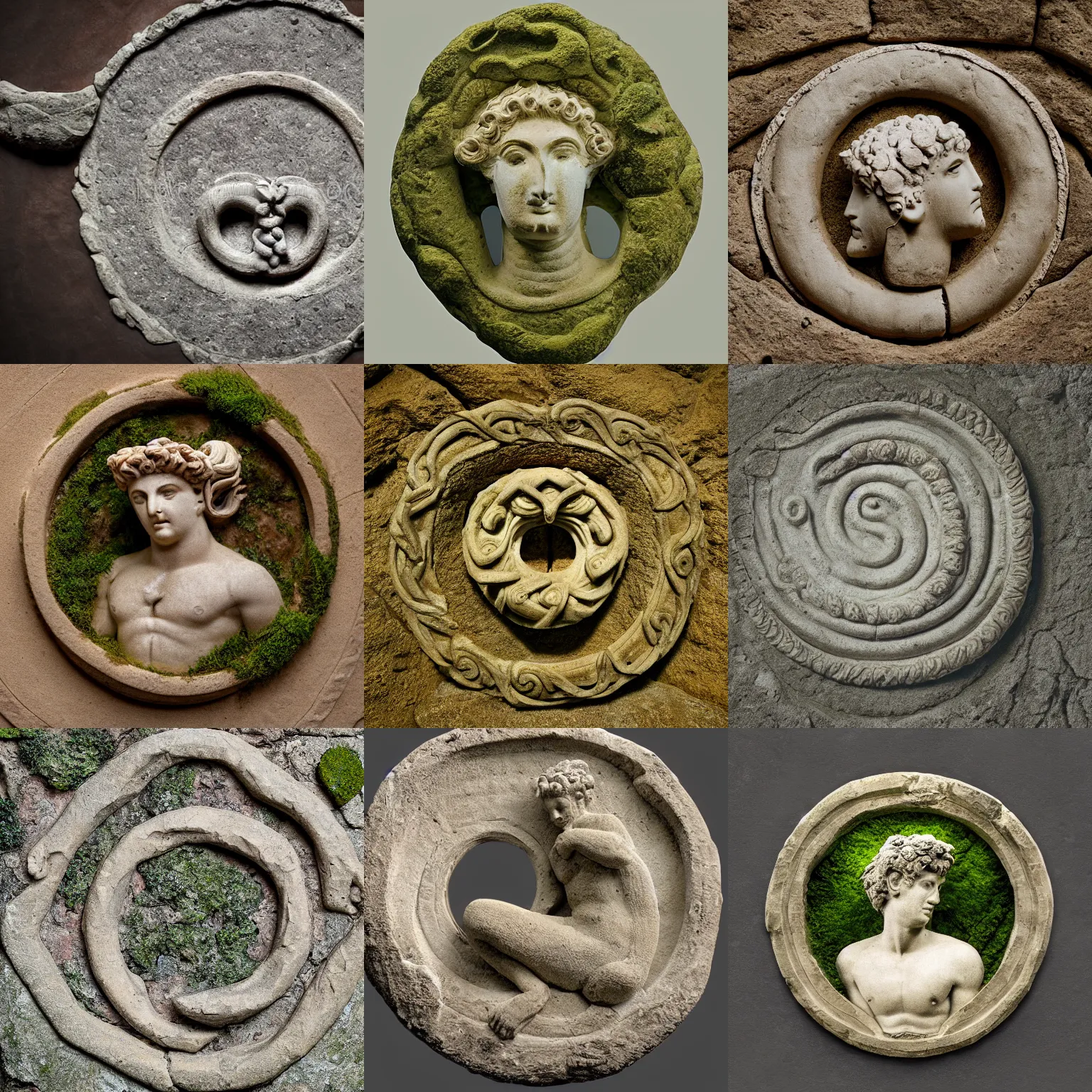 Prompt: ancient greek statue of ouroboros, sandstone, a little mossy, studio photography