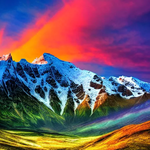 Image similar to Chill wallpaper of mountains in front of a sunset, highly detailed, colourful, peaceful