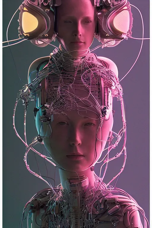 Image similar to A beautiful woman wearing a cybernetic helmet with many wires plugged into it and her body, by Moebius and Beeple