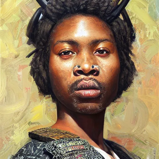 Prompt: a very highly detailed portrait of an african samurai by tim okamura