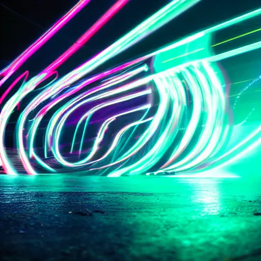 Prompt: break dancer made of neon lights, long exposure shot, tron, fog, water on the ground, cinematic view from lower angle, design, adobe