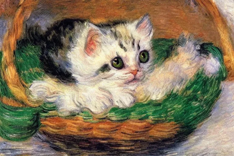 Image similar to a perishing cute kitten coiled up in a basket outside by a snowy day, snow everywere, snowy landscape, by Monet, Manet, Renoir