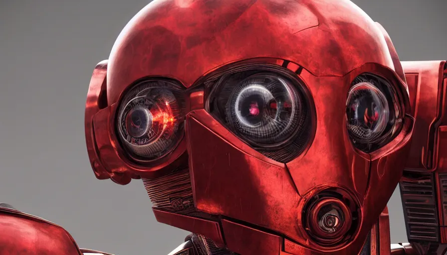 Image similar to c 3 - p 0 with red eyes, beautiful detailed face, ultra realistic, concept art, intricate details, serious, highly detailed, photorealistic, octane render, 8 k, unreal engine, detailed oil painting.