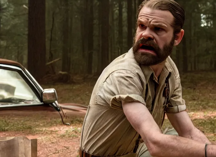 Image similar to film still of!!!!! frank farmer!!!!! as jim hopper in the upside down in stranger things, 4 k