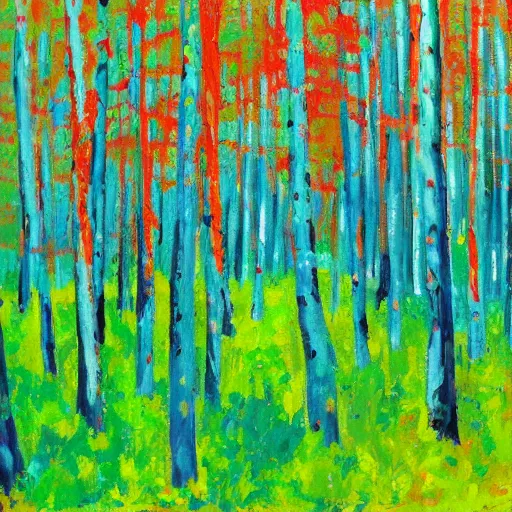 Image similar to a forest with green, blue, red tree trunks. acrylic of canvas, impressionist painting