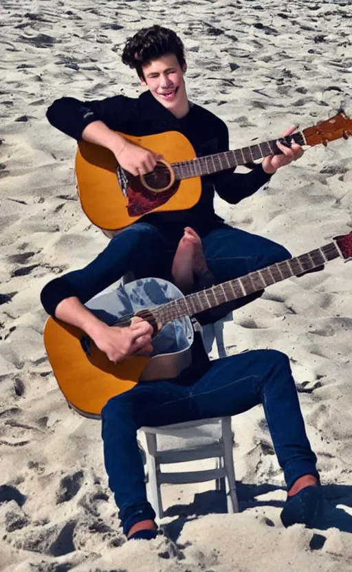 Prompt: Shawn Mendes en la playa tocando la guitarra