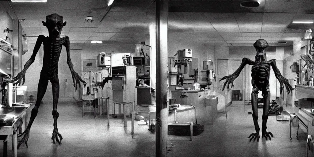 Image similar to a scary filmic wide shot color ground level angle movie still 35mm film photograph of the full body of a screaming and angry dangerous shape shifting alien creature, with multiple mutated snarling drooling human faces with a grotesque variety of human and animal limbs protruding from its lower torso inside of a 1970s science lab, neon lights, dirty, ektachrome photograph, volumetric lighting, f8 aperture, cinematic Eastman 5384 film