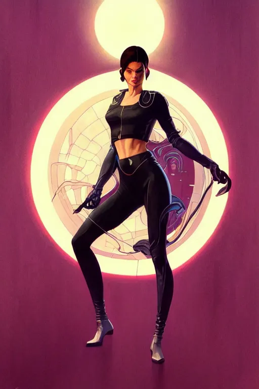 Image similar to gta selena as aeon flux profile picture by greg rutkowski, dynamic pose, intricate clothes, futuristic, margaret keane, artgerm, greg rutkowski, thomas kindkade, mucha, loish, norman rockwell, moebius, phantom, dreary, dramatic, fluid, golden ratio, artstation,