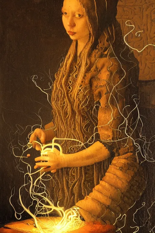 Prompt: a beautiful ultradetailed painting of kitchen maid, made with fractals of tentacles, smoke, marble and wooden from norse pantheon covered in lightning and fire spell, andres rios, jan urschel, jan vermeer, trending on artstation, detailed wood carving.