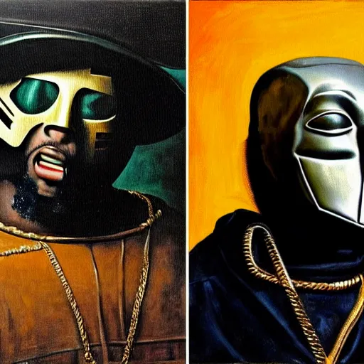 Prompt: high quality celebrity painting of rap artist mf doom, hip hop artist mf doom portrait by the old dutch masters, wearing a roman gladiator mask, 1 0 ¢ pieces in background, rembrandt, hieronymous bosch, frans hals