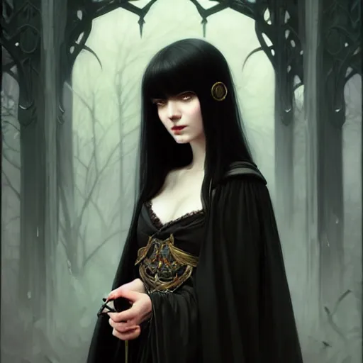 Image similar to a beautiful girl with long black hair and bangs, wearing a black cloak, fantasy, portrait, sharp focus, intricate, elegant, digital painting, artstation, matte, highly detailed, concept art, illustration, ambient lighting, art by ilya kuvshinov, artgerm, Alphonse mucha, and Greg Rutkowski