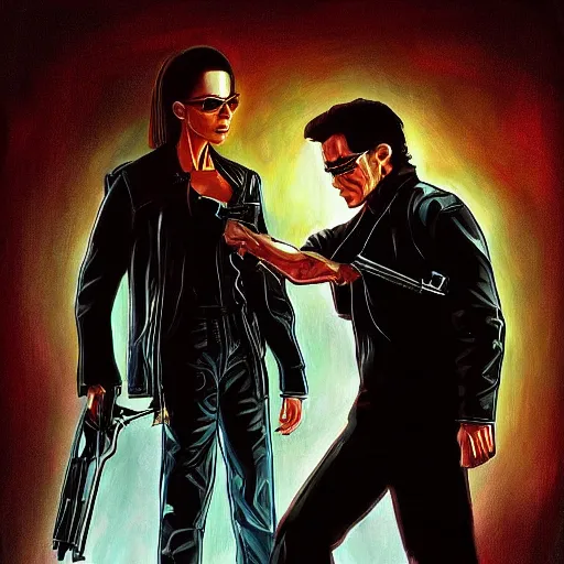 Prompt: the terminator meeting Neo from the Matrix in a restaurant, they eat pizza, highly detailed, digital painting, sharp focus, fantasy art