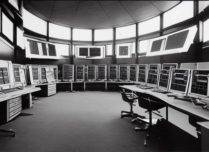 Image similar to realistic photo interior of the spacious chrome metal polished sci - fi medieval expensive room observatory scientific interior with dozens of computers and displays 1 9 9 0, life magazine reportage photo