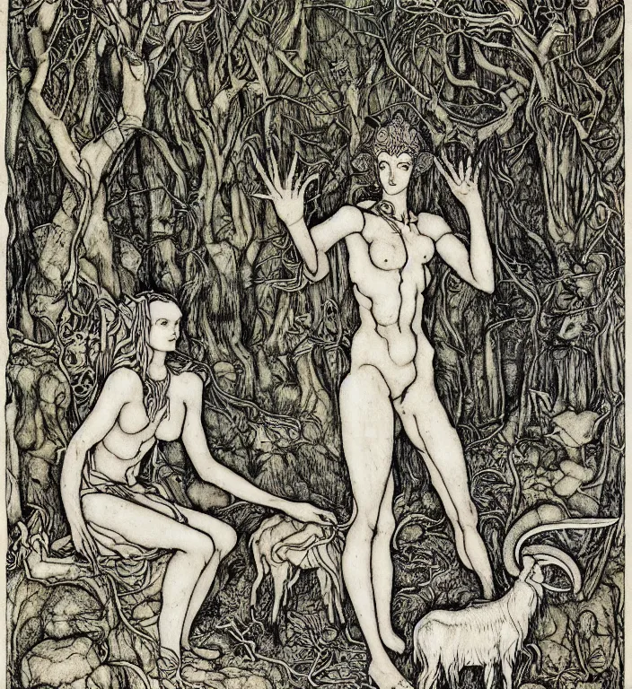 Image similar to person in the forest with a goat and a robot by Ivan Bilibin, Austin Osman Spare, Arthur Rackham, Vania Zouravliov, high quality, ultra detailed