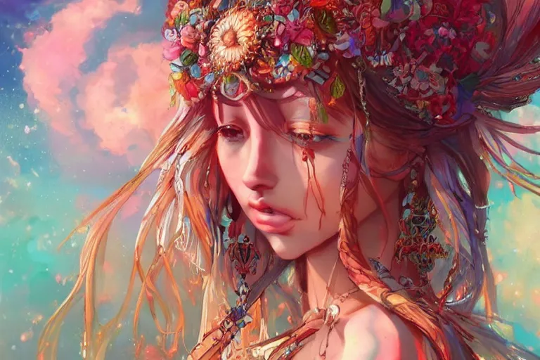 Image similar to a beautiful bohemian girl, intricate, highly detailed, digital painting, pixiv, artstation, official media, anime key visual, concept art, rich vivid colors, ambient lighting, sharp focus, illustration, art by erak note