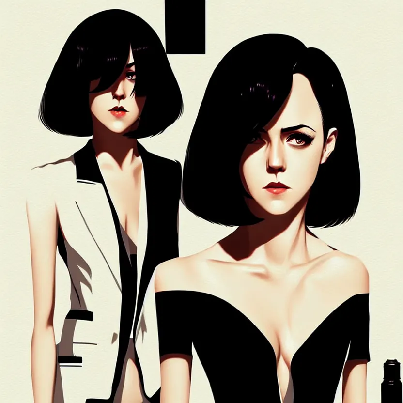 Image similar to jena malone, slim cruel business girl in tuxedo with black bob hair, elegant, 2 d, ultra highly detailed, digital painting, smooth, sharp focus, artstation, art by ilya kuvshinov!