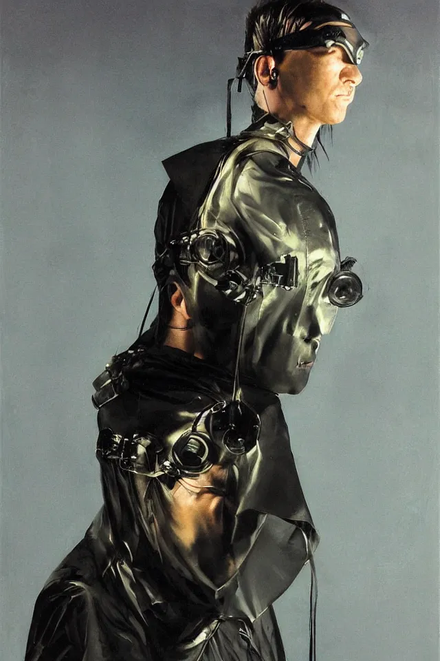 Image similar to androgynous ninja shaman tunic made of latex, radio goggles, techwear, iridiscent light, high key, cinematic lighting at night, wet floors, neon, phil hale, boris vallejo, syd mead, masterpiece