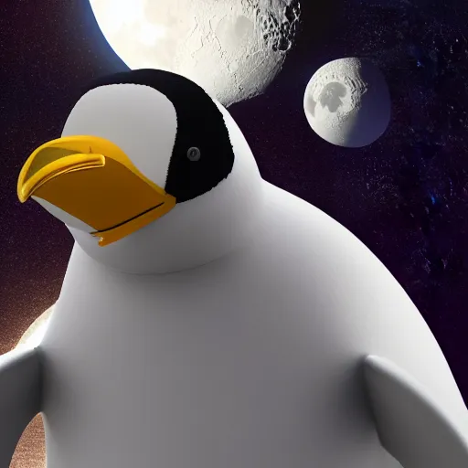 Prompt: insanely high detailed 3D render of a lazy penguin dressed in an astronaut body suit, floating in space, moon in the background, octane render, 4k, trending