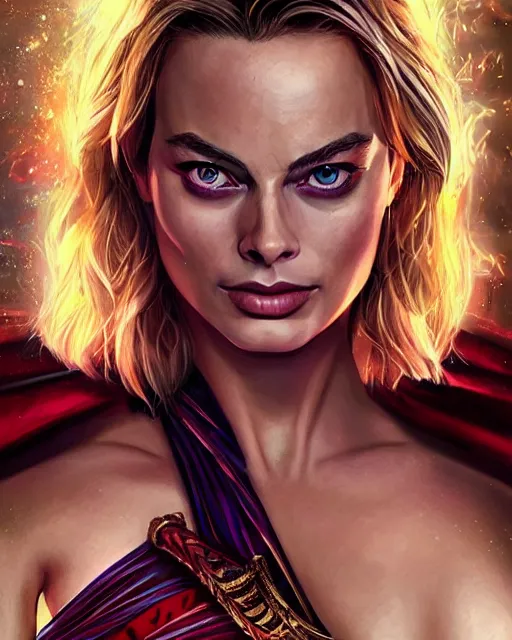 Prompt: margot robbie portrait wearing a bikini in the style of doctor strange, beautiful eyes, realistic face, fantasy art, in the style of artgerm, illustration, epic, fantasy, intricate, hyper detailed, artstation, concept art, smooth, sharp focus, ray tracing, vibrant, artgerm, award winning art
