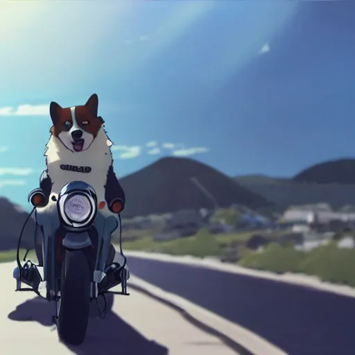 Prompt: A corgi on a motorcycle in an anime film by Makoto Shinkai
