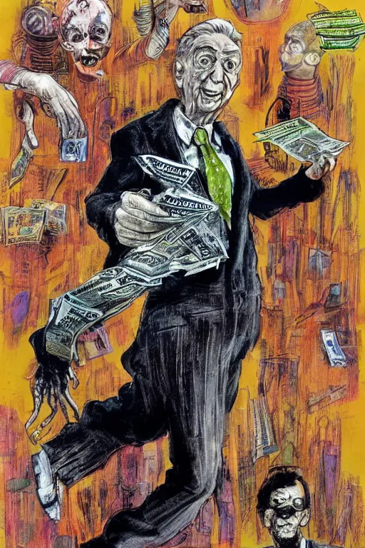 Image similar to George Soros full body shot, dollar bills Body horror, biopunk, by Ralph Steadman, Francis Bacon, Hunter S Thompson