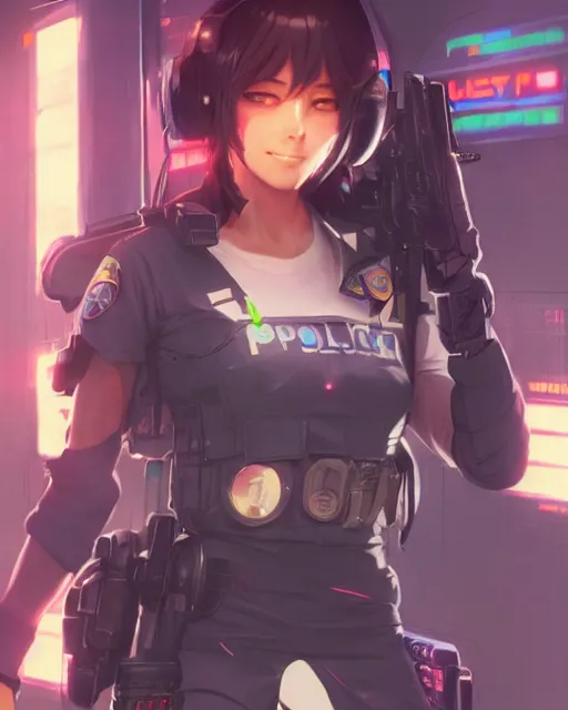 Prompt: anime key visual of a young female police officer, neon, cyberpunk, futuristic, stunning, highly detailed, digital painting, artstation, smooth, soft focus, illustration, art by artgerm and greg rutkowski and alphonse mucha