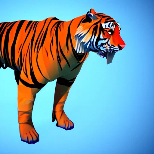 Prompt: ultra low low poly visible polygons stylized render of a tiger animal full body octane unreal engine render vaporwave blue and pink neon