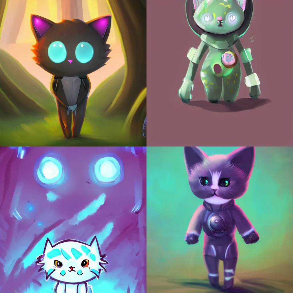 Prompt: cute cyber-kitty walking around a forest, trending on artstation