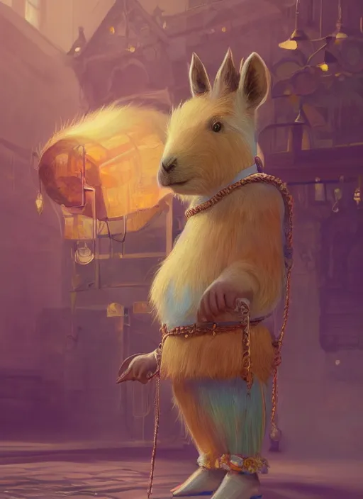 Image similar to detailed full body concept art illustration colorful pastel fantasy painting of a capybara merchant in full intricate clothing, ultra detailed, digital art, octane render, 4K, dystopian, micro details