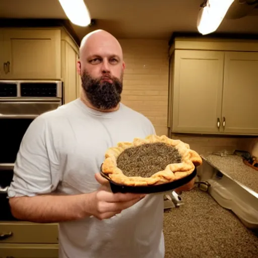 Image similar to ethan van sciver with a bald head and grey trimmed beard is sniffing a warm baked pie in his kitchen in the middle of the night h 7 0 4