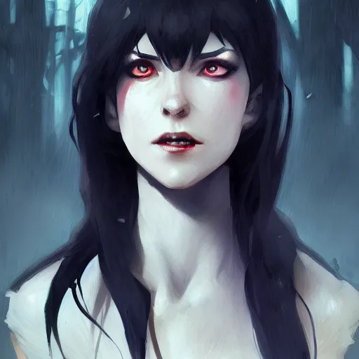 Image similar to female human vampire witch in the style of greg rutkowski, makoto shinkai, trending on artstation, character design, concept art, pretty face, highly detailed, long black hair, portrait, digital art