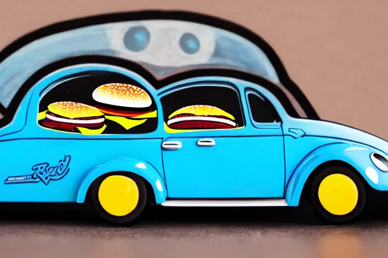 Prompt: a blue beetle car, with burgers for wheel rims