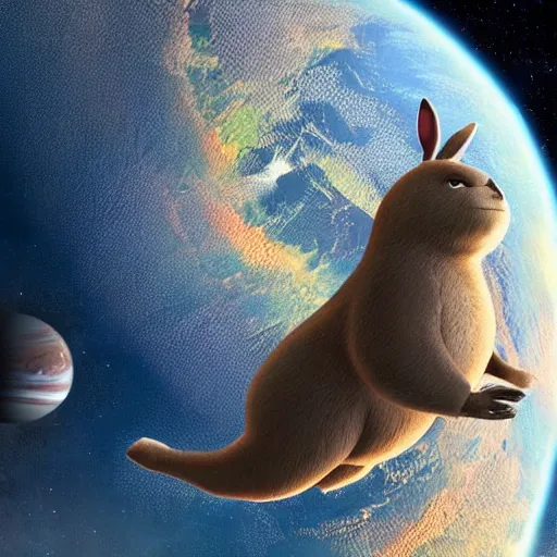 Image similar to big chungus in space next to the planet Earth, digital art, highly-detailed artstation cgsociety