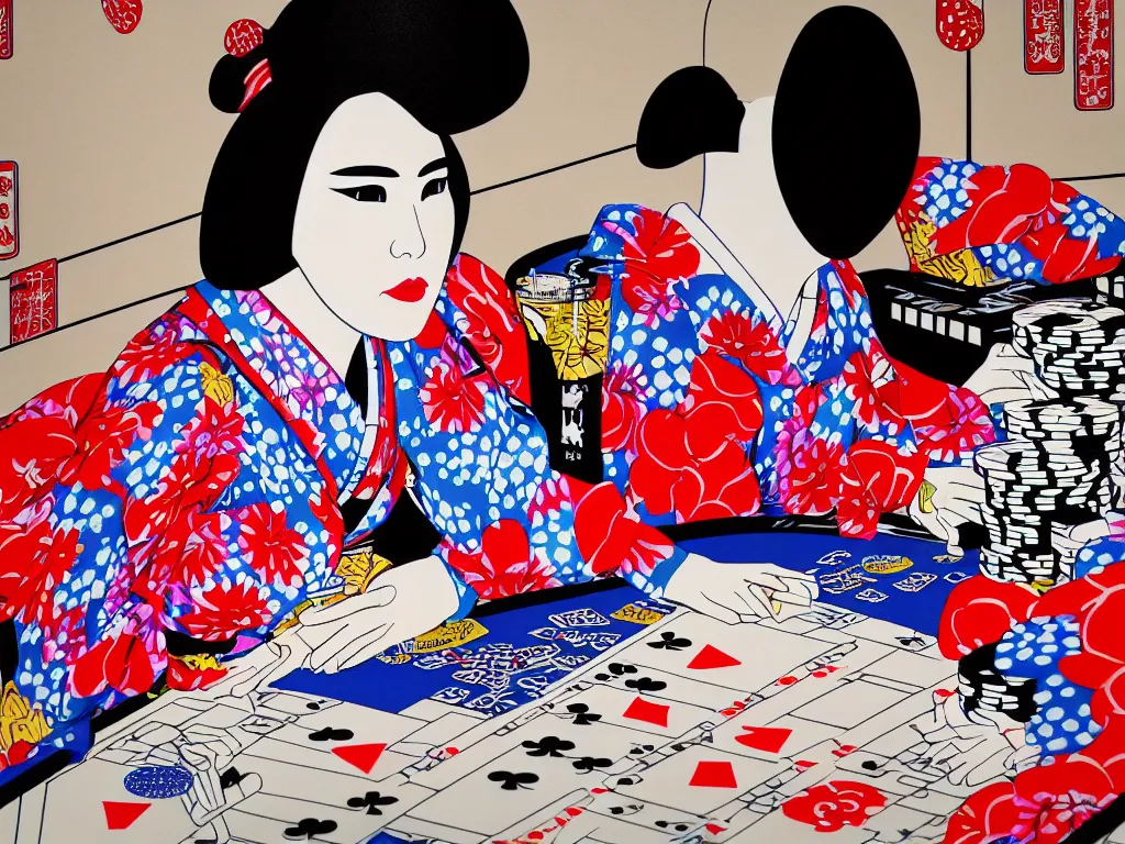 Image similar to hyperrealism composition of the detailed single woman in a japanese kimono sitting at an extremely detailed poker table with stormtrooper, fireworks, river on the background, pop - art style, jacky tsai style, andy warhol style, acrylic on canvas