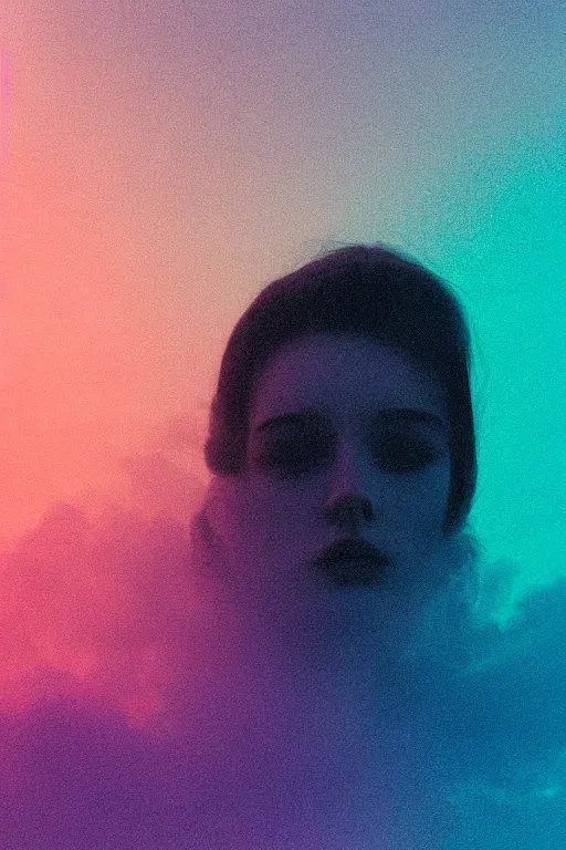 Image similar to high quality pastel coloured film close up wide angle photograph of a model wearing clothing resting on cloud furniture in a icelandic black rock environment in a partially haze filled dreamstate world. three point light, rainbow. photographic production. art directed. pastel colours. volumetric clouds. pastel gradient overlay. waves glitch artefacts. extreme facial clarity. 8 k. filmic.