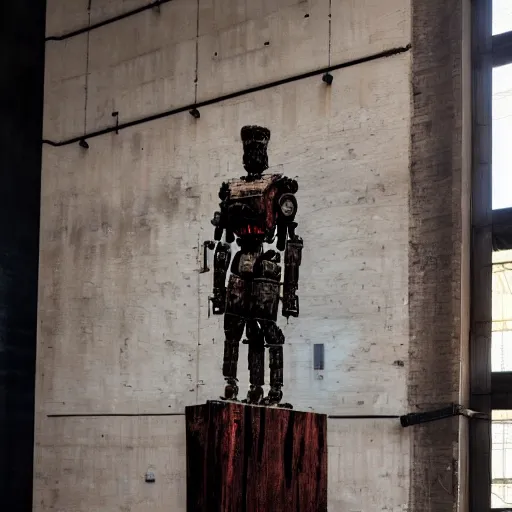 Image similar to an ultra realistic shot of a wooden art sculpture on a pedestal of a cyberpunk Roman robotic in a contemporary art gallery 8k octa style street art