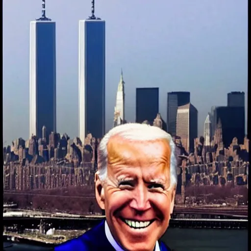 Image similar to twin towers 9/11 Joe Biden selfie smiling