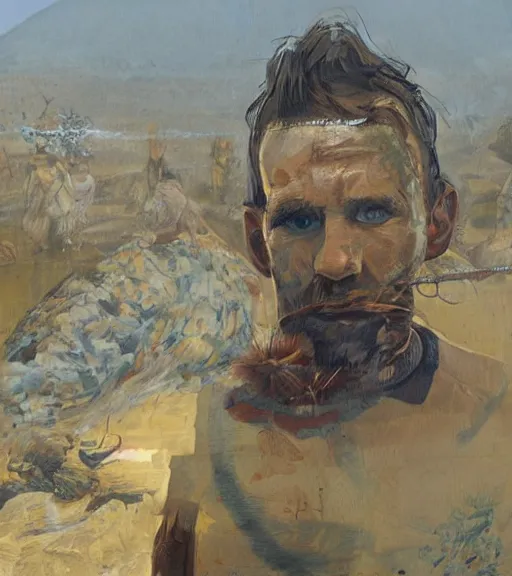 Image similar to portrait of muscular, tired and alcoholic 3 0 - year - old grieving man with short darkblonde hair, serious sad look in his eyes, looking down, dirty beard, blue eyes, crying tears, wearing dirty soldier uniform, on the desert, sad atmosphere, hyper realistic face, character art, art by mark brooks, cryengine, trending on artstation, digital art