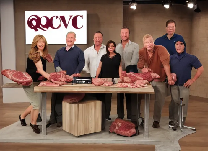 Image similar to qvc tv show product showcase pile of nasty meat men flesh, studio lighting, limited time offer, graphics $ 9 9 call now