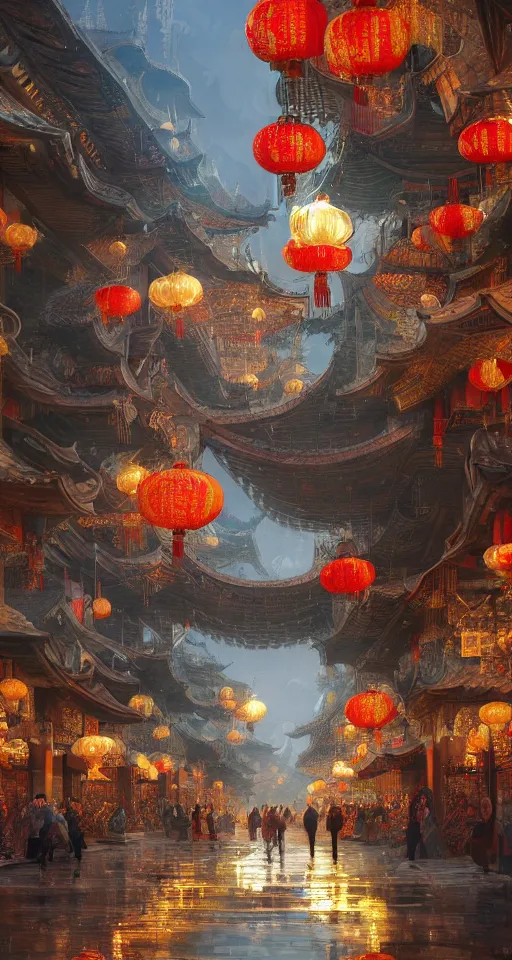 Image similar to epic scenery of a shopping street in the Chinese imperial city, intricate, elegant, volumetric lighting, digital painting, highly detailed, artstation, sharp focus, illustration, concept art, ruan jia, steve mccurry