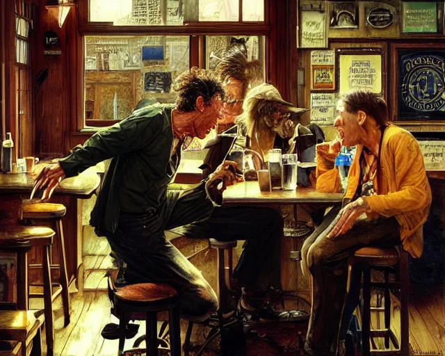 Prompt: Tom Waits and Iggy Pop talking in a pub, highly detailed, centered, digital painting, artstation, concept art, smooth, sharp focus, illustration, art by james gurney and norman rockwell and greg rutkowski