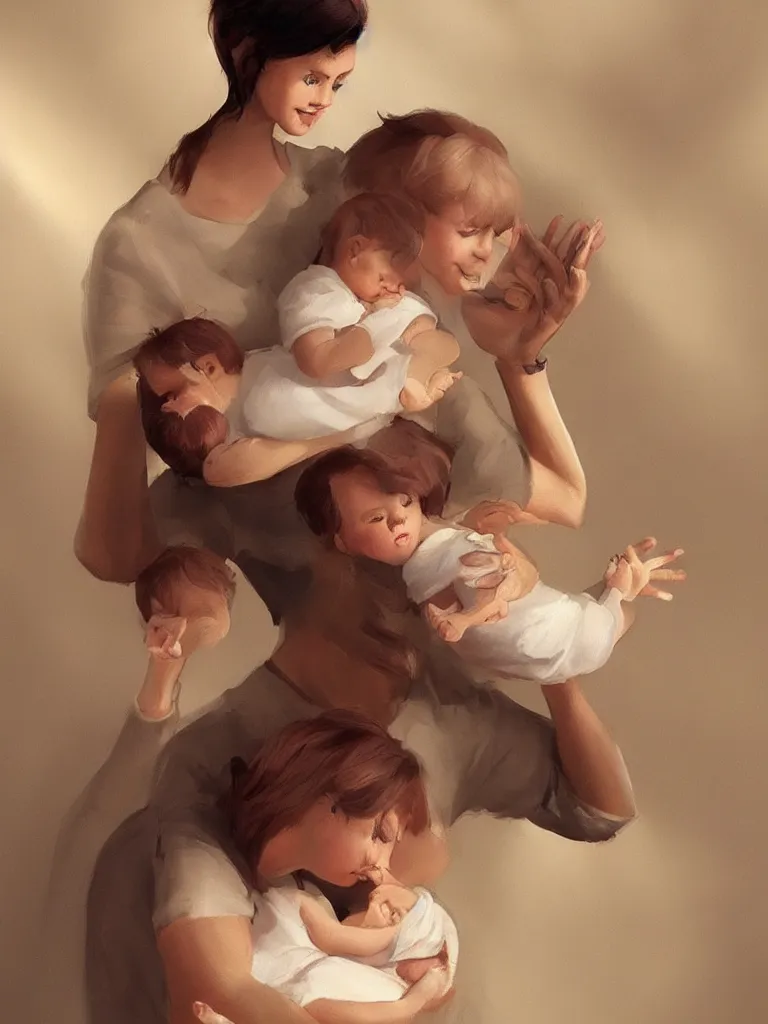 Image similar to mom @ holding up baby by disney concept artists, blunt borders, rule of thirds, golden ratio, godly light, beautiful!!!