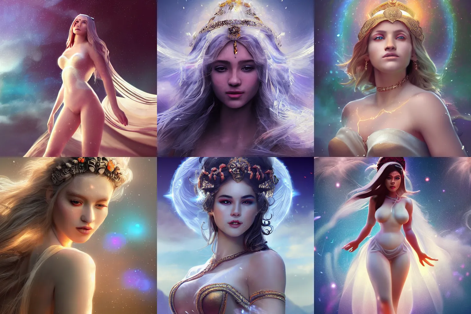 Prompt: a beautiful female goddess of the white character, character is in all its glory, character is in her natural relaxed pose, rim lights, particles and dust in the air, fancy clouds, highly detailed professional photo, dynamic lights, particles are flying, depth of field, trending on artstation, professional illustration, hyper realistic, vray caustics, super detailed, colorful accents, cinematic shot