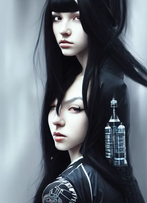 Prompt: portrait of long black hair girl within a streetwear. cynical face, concept art, cyberpunk illustration, intricate, highly detailed 8 k, smooth, matte, sharp focus, rim light, beautiful and aesthetic shape of face and body, artgerm, artstation, art by gharliera and rinotuna and junpei