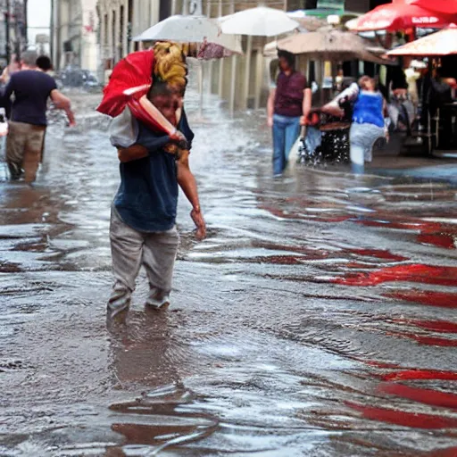 Image similar to people on street get flooded on chocolate liquid rain,