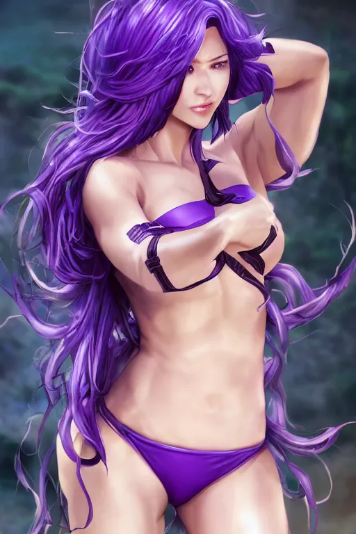 Image similar to a very beautiful mature raiden of genshin impact, full body, long wavy purple hair, purple eyes, full round face, bikini, miniskirt, front view, mid - shot, cute pose, highly detailed, cinematic wallpaper by stanley artgerm lau
