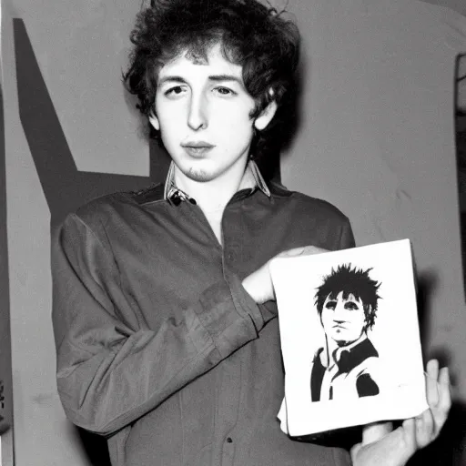 Image similar to young bob dylan holding an anime dakimakura, music cover art.