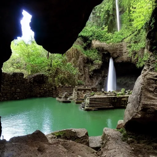 Image similar to ancient ruins and waterfalls in the interior of a cave